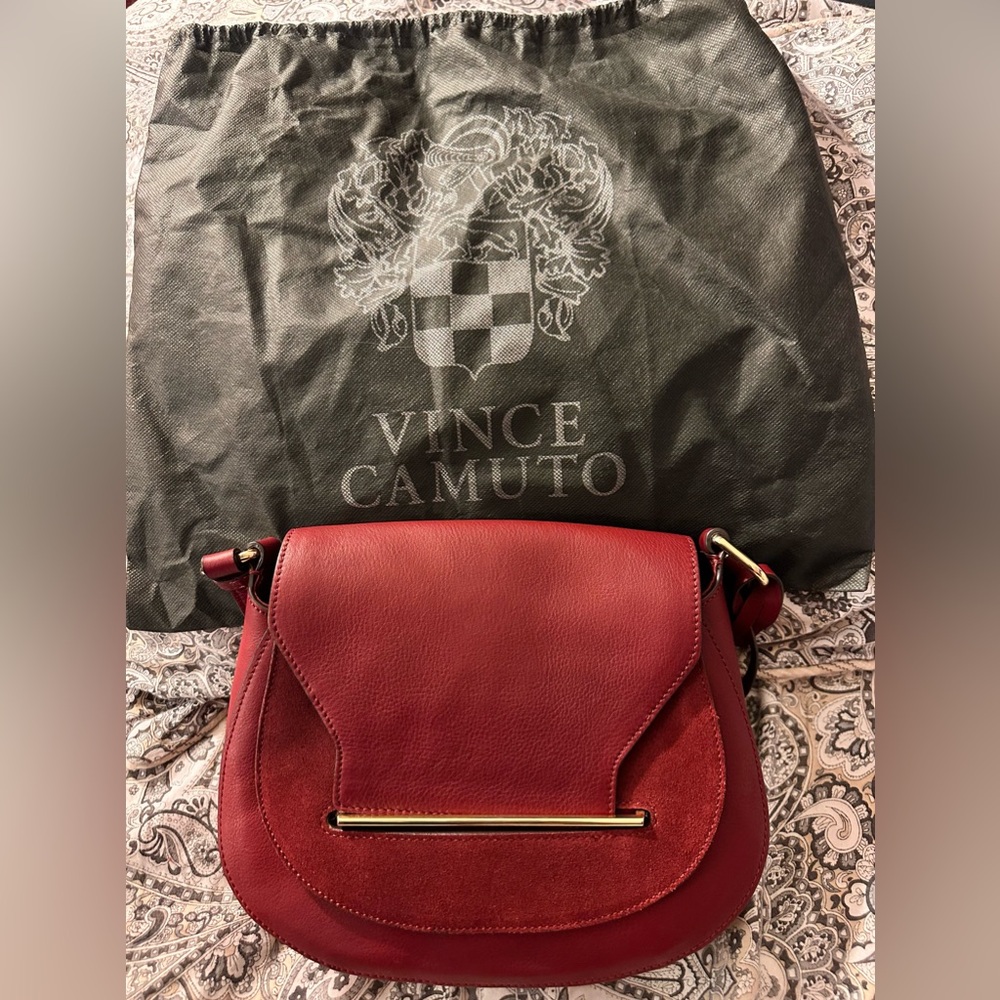 Vince Camuto Eda Red Leather Suede Foldover Crossbody Handbag